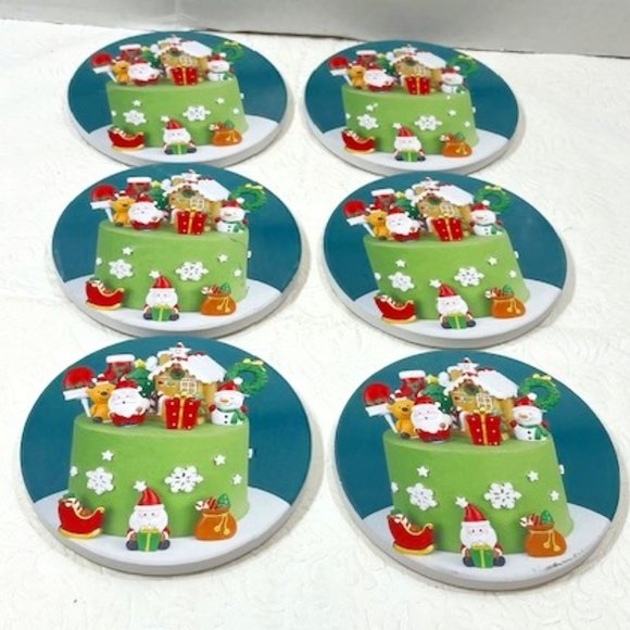 Six Holiday Themed Christmas Ceramic w/Cork Backing Coasters 4" - Picture 1 of 7
